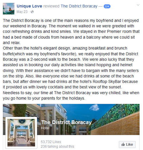 Unique Love reviewed The District Boracay Facebook Review